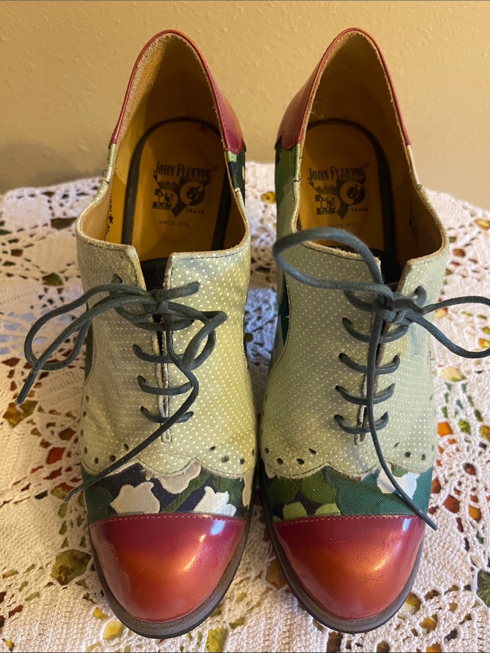 John Fluevog Multicolor Floral Lace-Up Heels with Red Metallic Toe - Picture 4 of 7